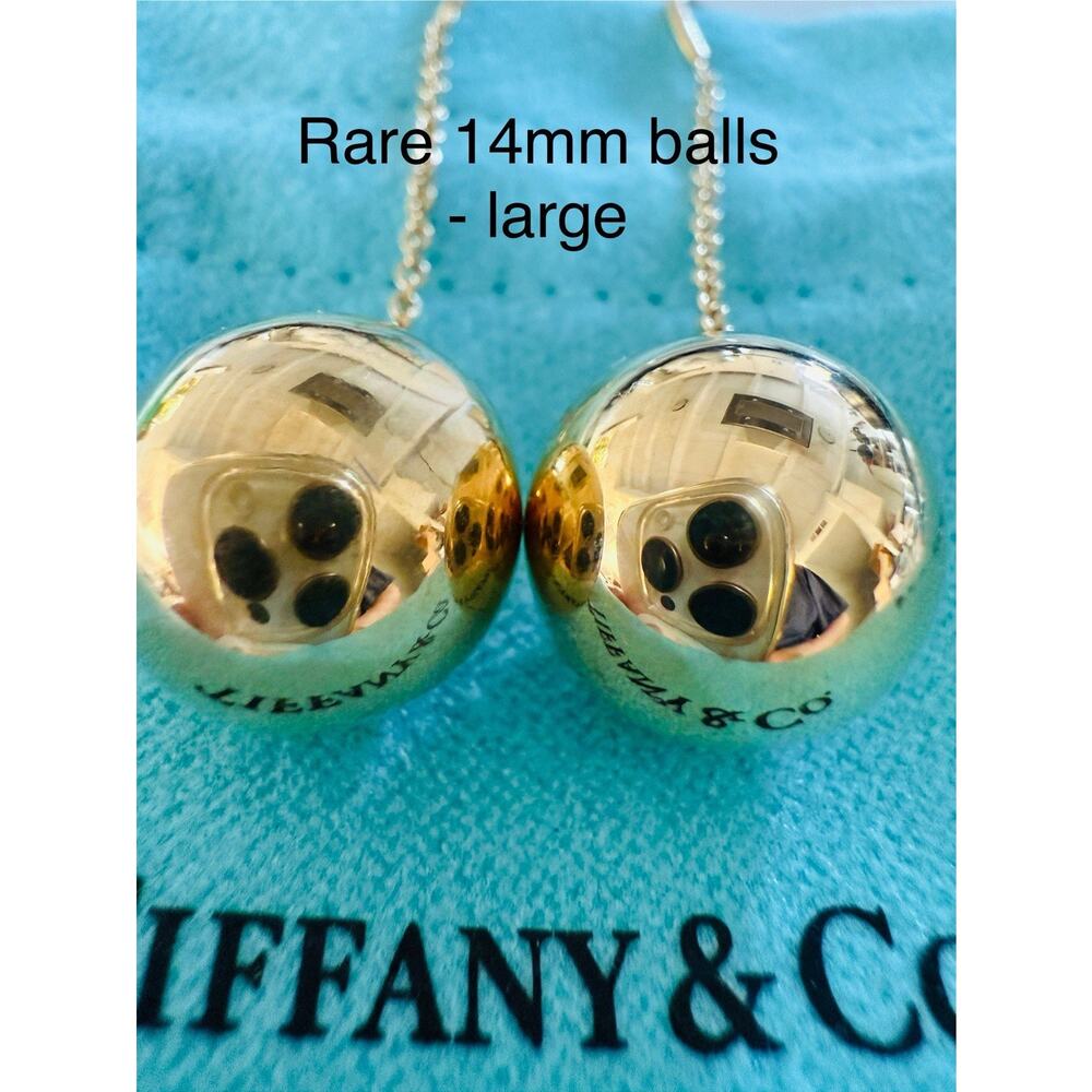 RARE Tiffany Co 18k Yel Gold Hardware LG 14 mm Bead Ball Drop Hook Earrings 8.6g